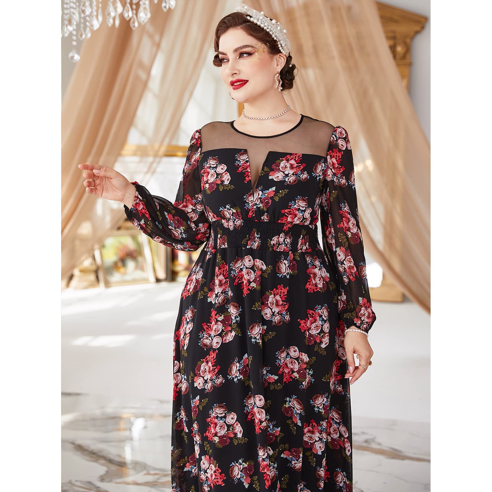Plus Size Floral Printed Elegant Deep V Neck Lace Maxi Dress for Women | Sexy & Stylish Long Dress for Evening Parties, Weddings & Special Occasions