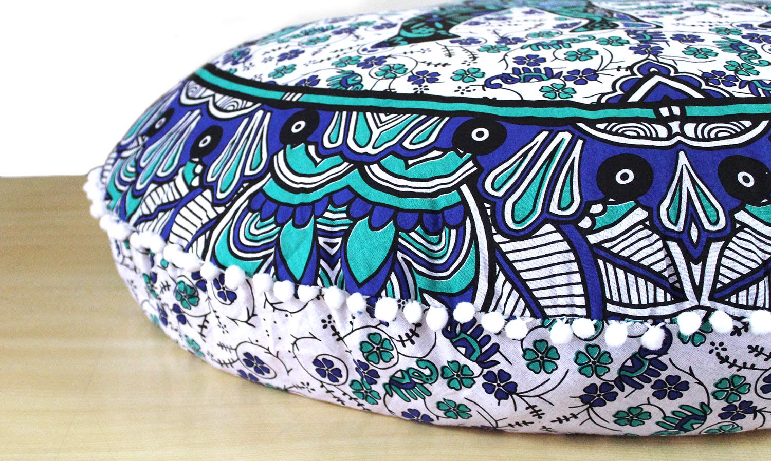 32 Inch Floor Pillow Cover - Bohemian Mandala Design, Decorative Hippie Pouf Cushion Cover for Meditation, Seating & Ottoman - White & Blue Boho Style - Perfect for Living Room, Yoga Studio & Cozy Home Decor