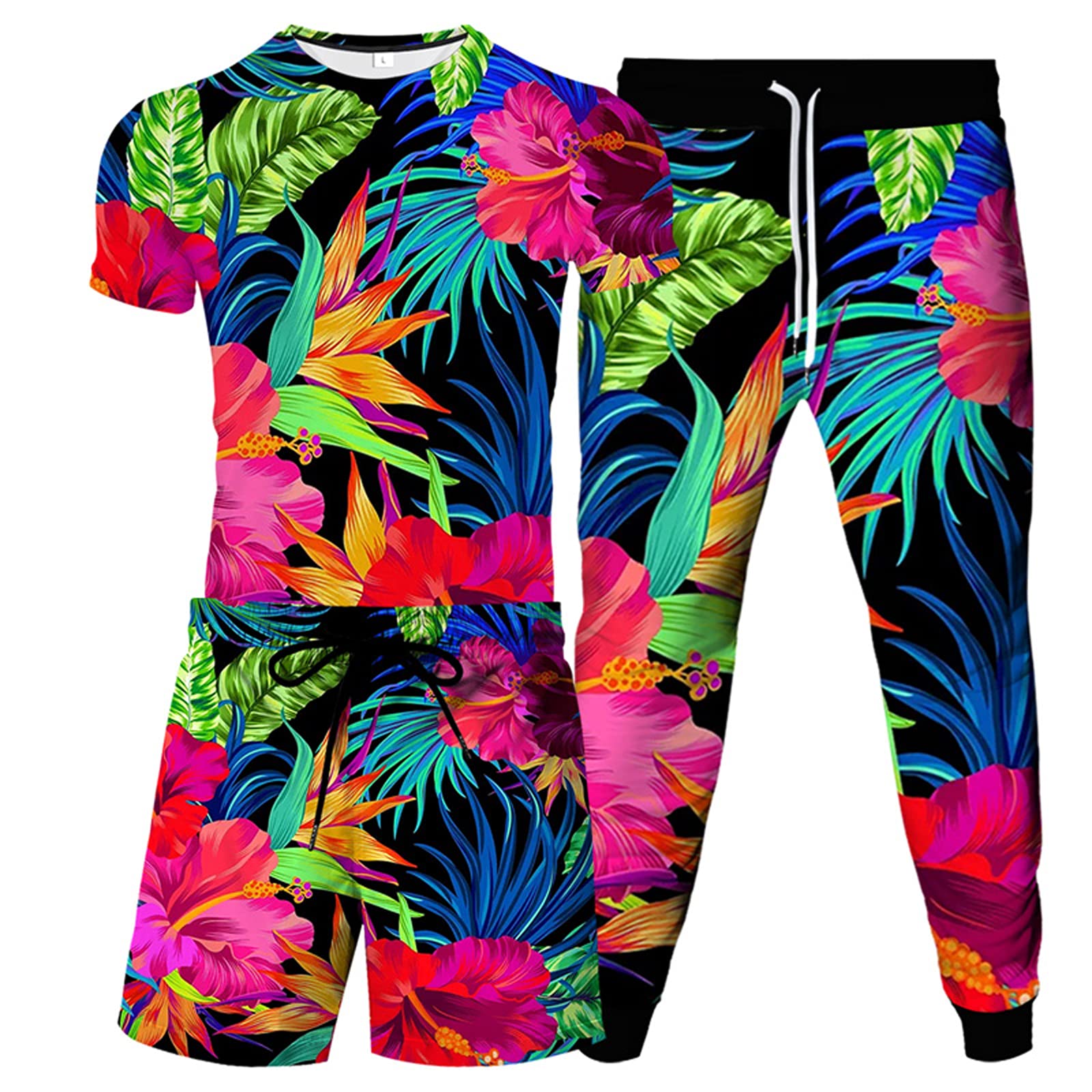URVIP Men's 3-Piece Leaf Floral Print Romper T-Shirt & Mesh Shorts Set - Breathable Athletic Tracksuit for Gym, Running, and Summer Outdoor Activities
