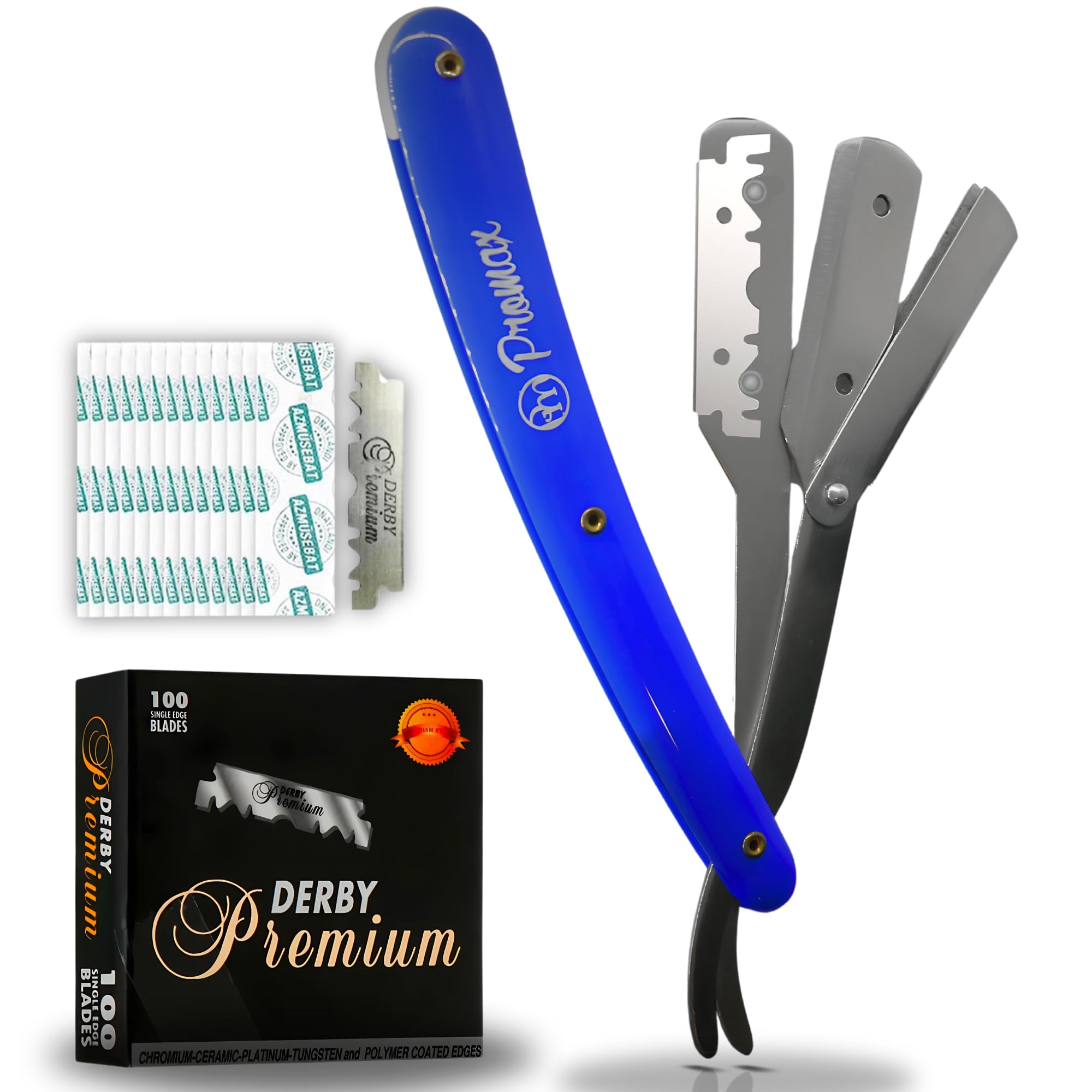 ProMax Care Professional Straight Razor for Men - Blue Non-Slip Handle with 100 Derby Blades - High-Quality Steel & Ergonomic Design - Perfect for Barber Shaving, Grooming & Personal Care at Home