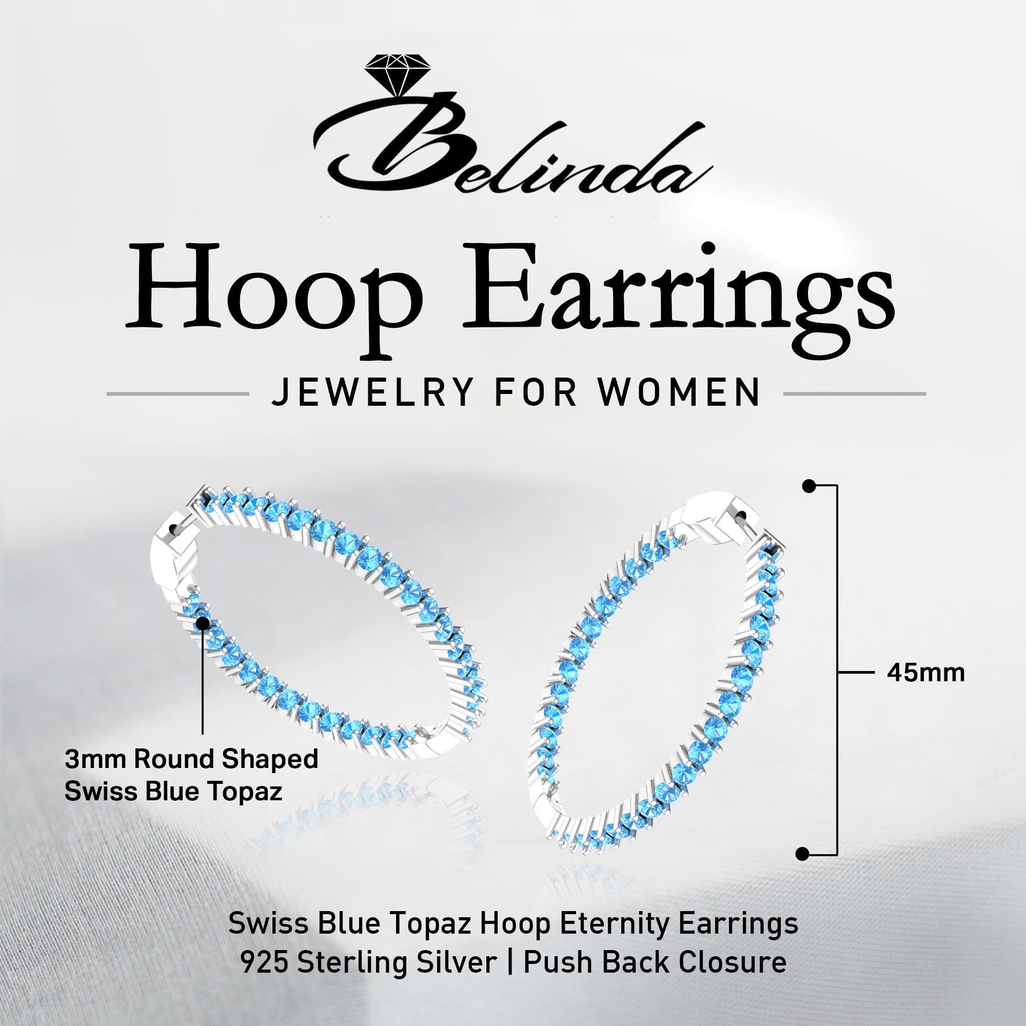 925 Sterling Silver Hoop Earrings for Women - 62 Colored Gemstone Eternity Earrings with Push Back Closure, 1.73