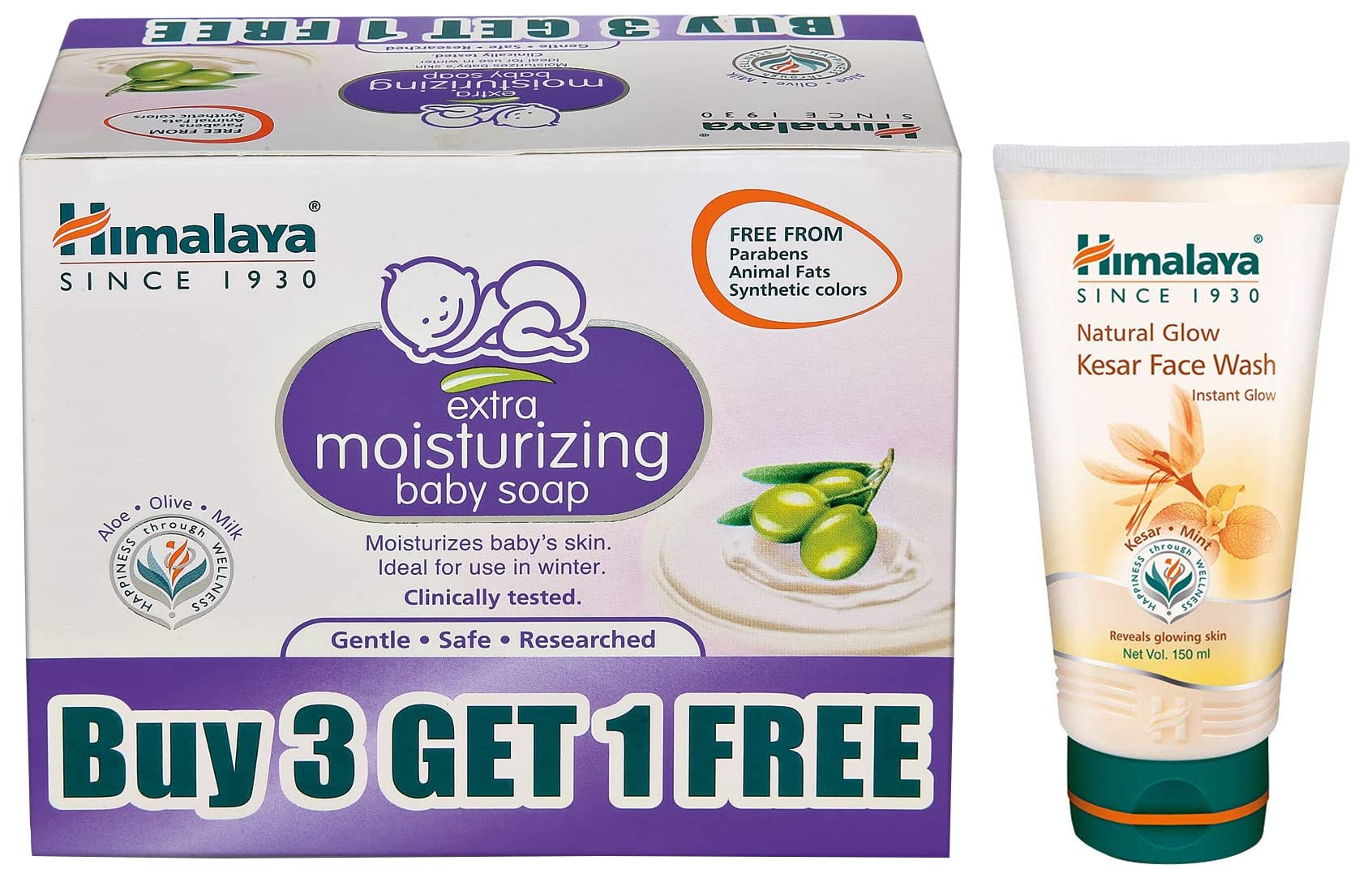 Himalaya Extra Moisturizing Baby Soap 300g - Buy 3 Get 1 Free (4 x 75g) & Himalaya Natural Glow Kesar Face Wash 150ml - Gentle Cleansing for Babies & Brightening Skincare - Perfect for Daily Bath Time & Radiant Complexion Care