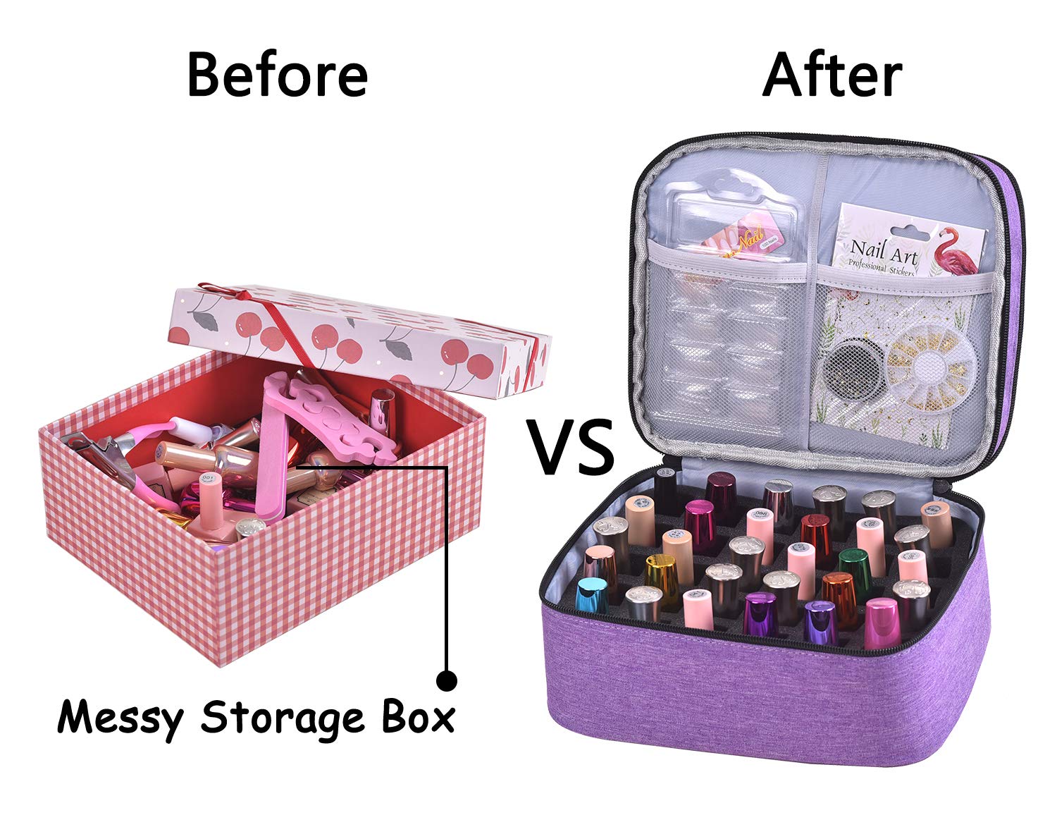 30 Bottles Nail Polish Organizer - Double Layer Nail Varnish Storage Case with Handle, Portable Nail Supply Carrying Bag for Salon & Travel (Purple) - Perfect for Professional Nail Technicians & DIY Manicures at Home