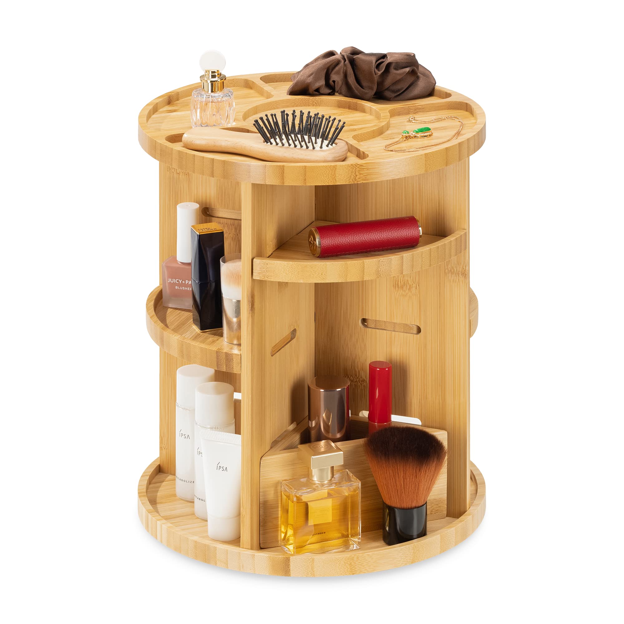 Navaris Rotating Bamboo Makeup Organizer - Adjustable 360° Spinning Cosmetic Storage Holder for Bathroom Vanity Countertop - 9.8