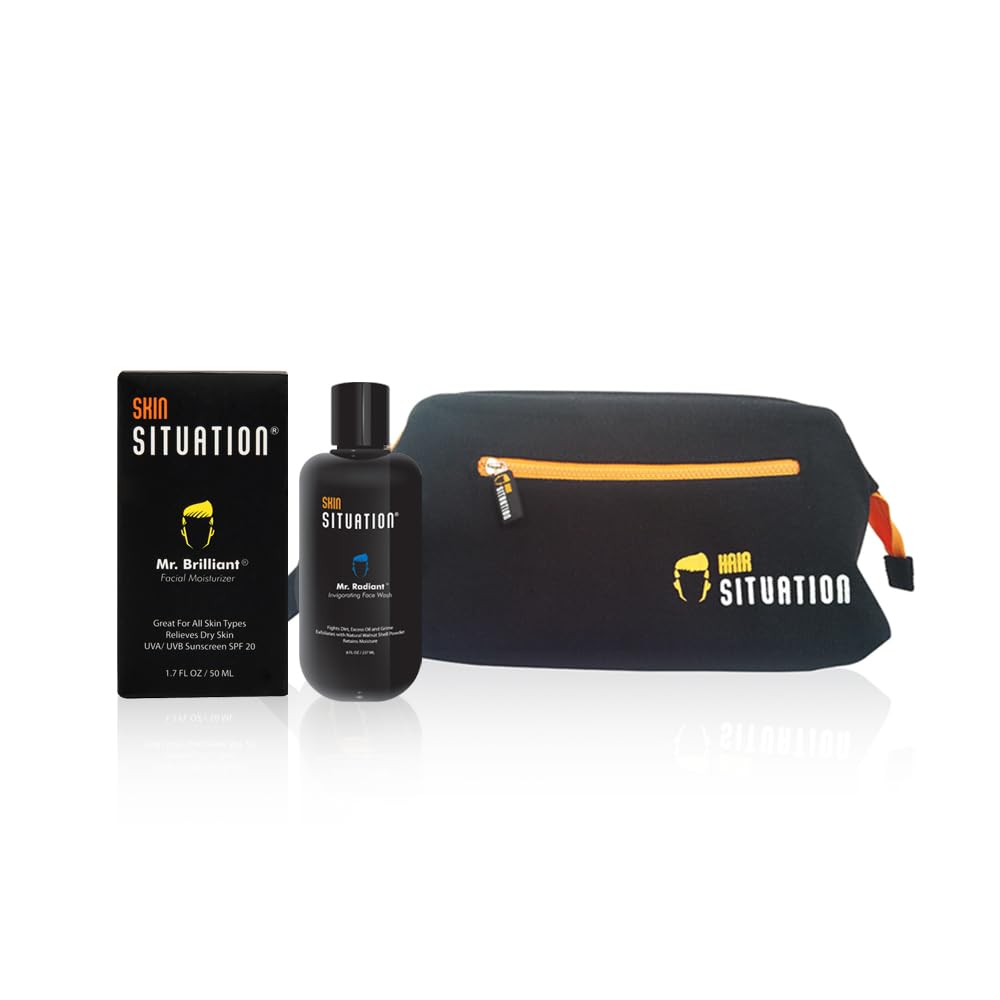 Mr. Radiant Daily Face Wash & Mr. Brilliant Face Moisturizer Set with Travel Toiletry Bag - Gentle Cleansing & Hydrating Skincare Routine for Men - Perfect for Daily Use, Gym, Travel & Gifts