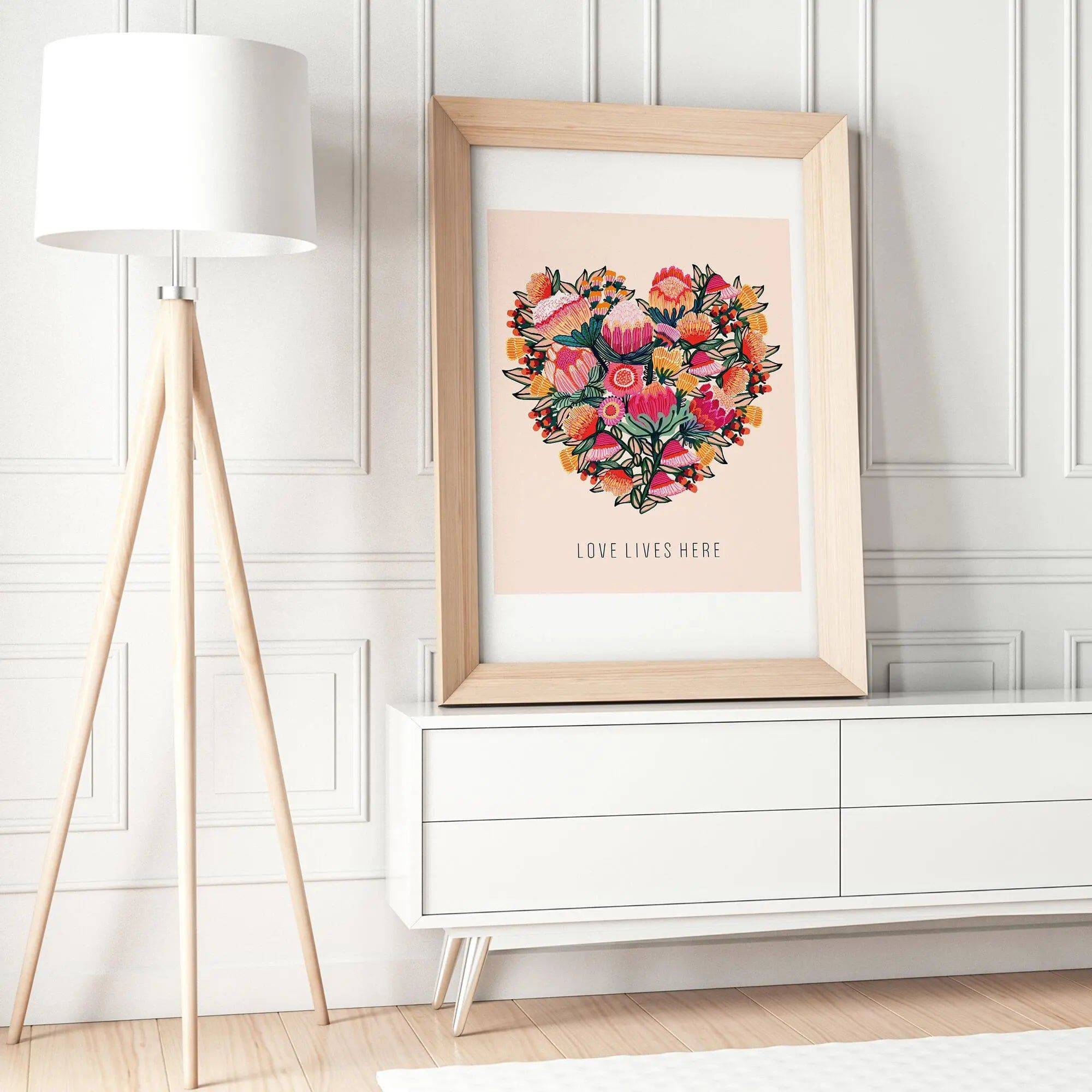Love Lives Here Floral Heart Art Print - Beautiful Wall Decor for Home, Bedroom & Office - Perfect Gift for Valentine's Day, Wedding & Housewarming