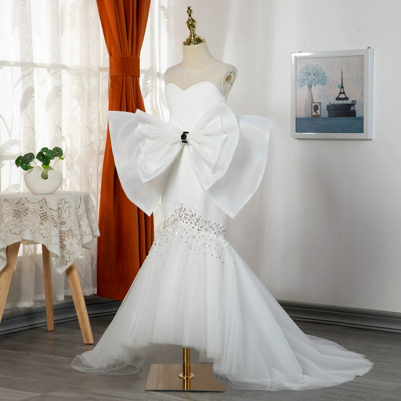 Elegant White Bow Mermaid Dress for Baby Girls - Toddler Formal Party Gown for Weddings, Photoshoots & Special Occasions
