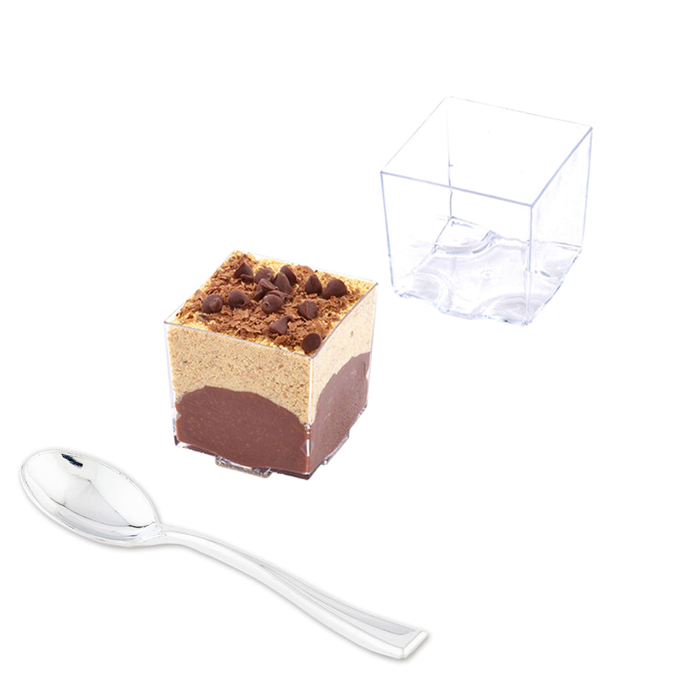 100 Pack 3 oz Square Clear Plastic Quadrato Cups with 100 Silver Mini Spoons - Perfect for Desserts, Ice Cream, Cocktails, and Party Serving