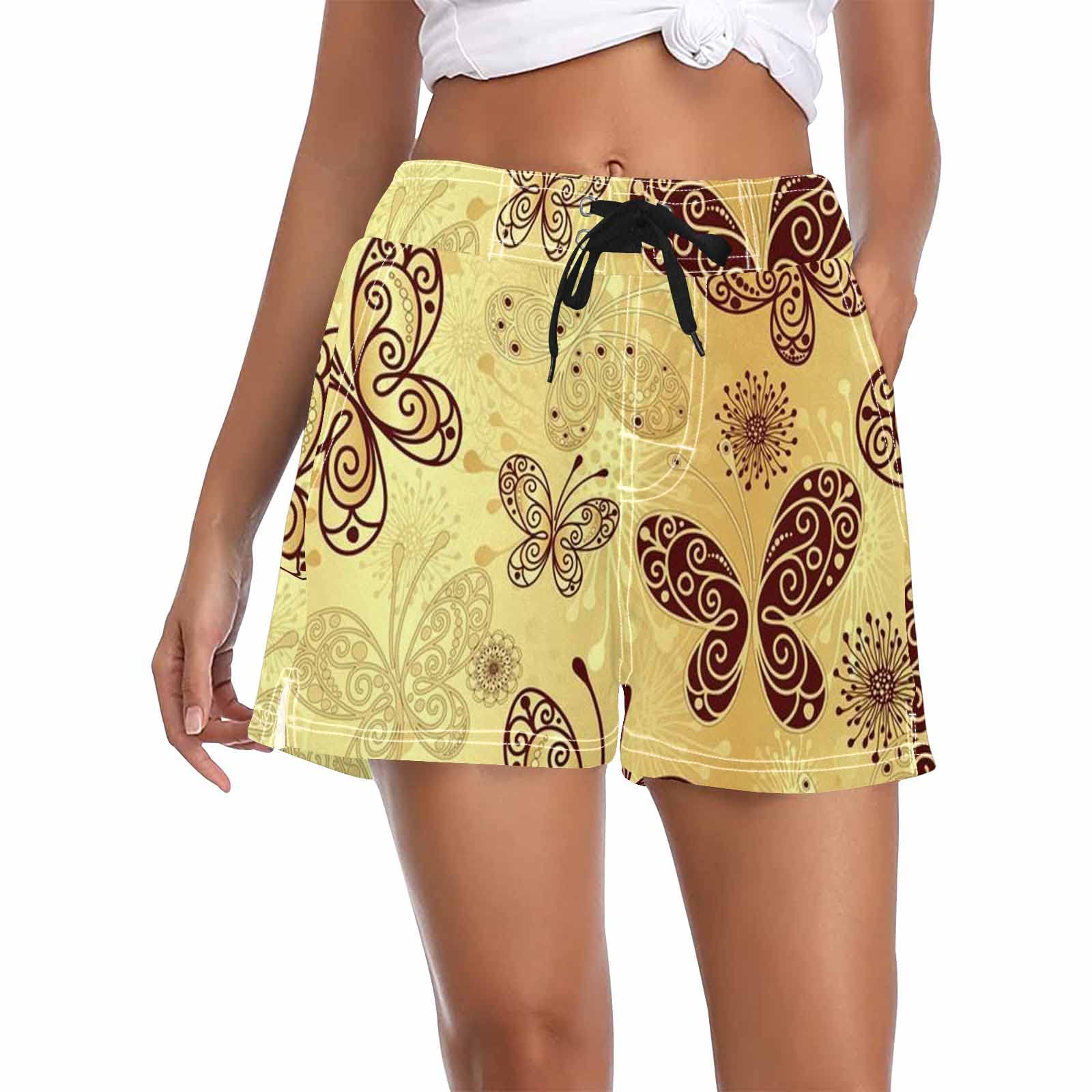 Butterfly and Floral Print Women's Swim Shorts - Blue Striped Beach Board Shorts with Pockets | Quick-Dry Comfort for Swimming, Surfing & Summer Vacations