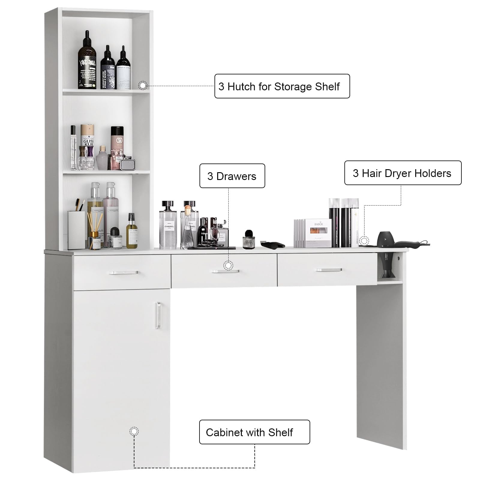 Professional Barber Station for Hair Stylists - Salon Wall Mount Cabinet with Hair Dryer Holder & Storage Drawers - White - Perfect for Home Salons, Barber Shops & Beauty Studios