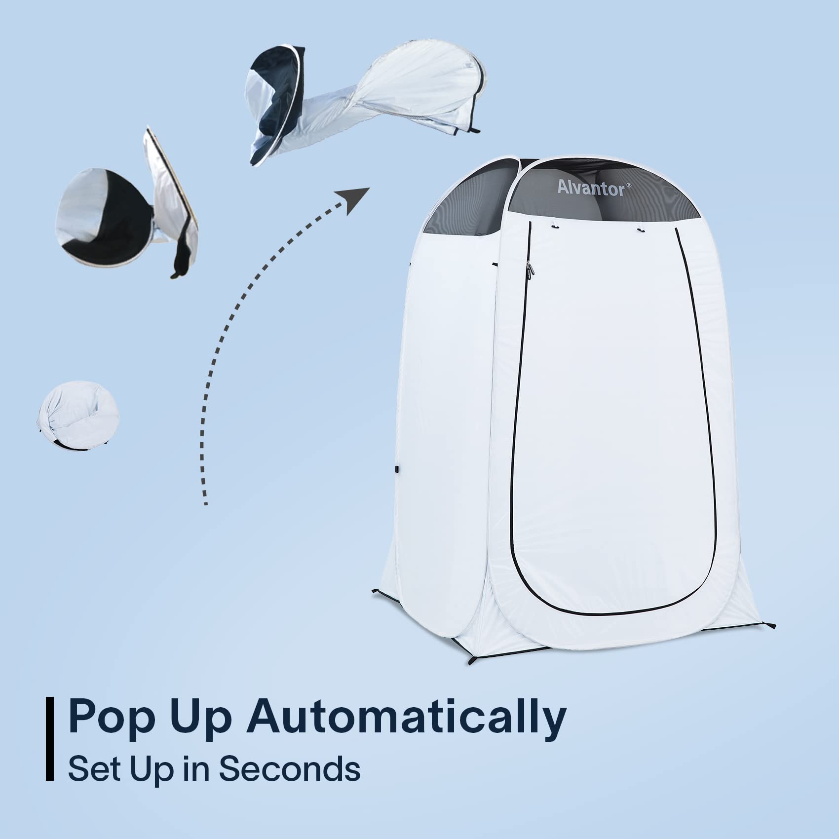 Alvantor Pop Up Shower Tent - 4'x4'x7' Portable Outdoor Changing Room for Camping, Beach & Hiking - Waterproof Teflon Coated Privacy Shelter with Dressing Area - Perfect for Outdoor Bathroom, Toilet & Changing (White, Patent Pending)