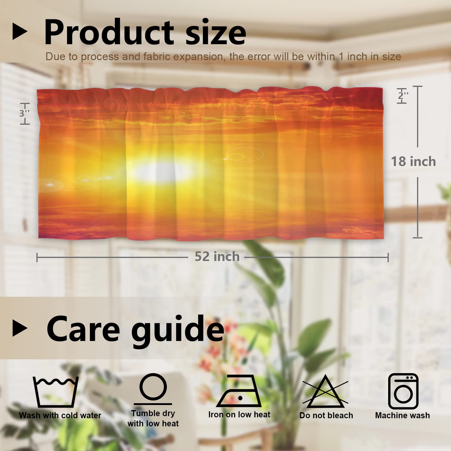 Radiant Orange Sunrise Sunset Landscape Kitchen Curtains - Blackout Decorative Small Kitchen Valances, 52 x 18 Inch, Perfect for Kitchen and Bedroom Windows