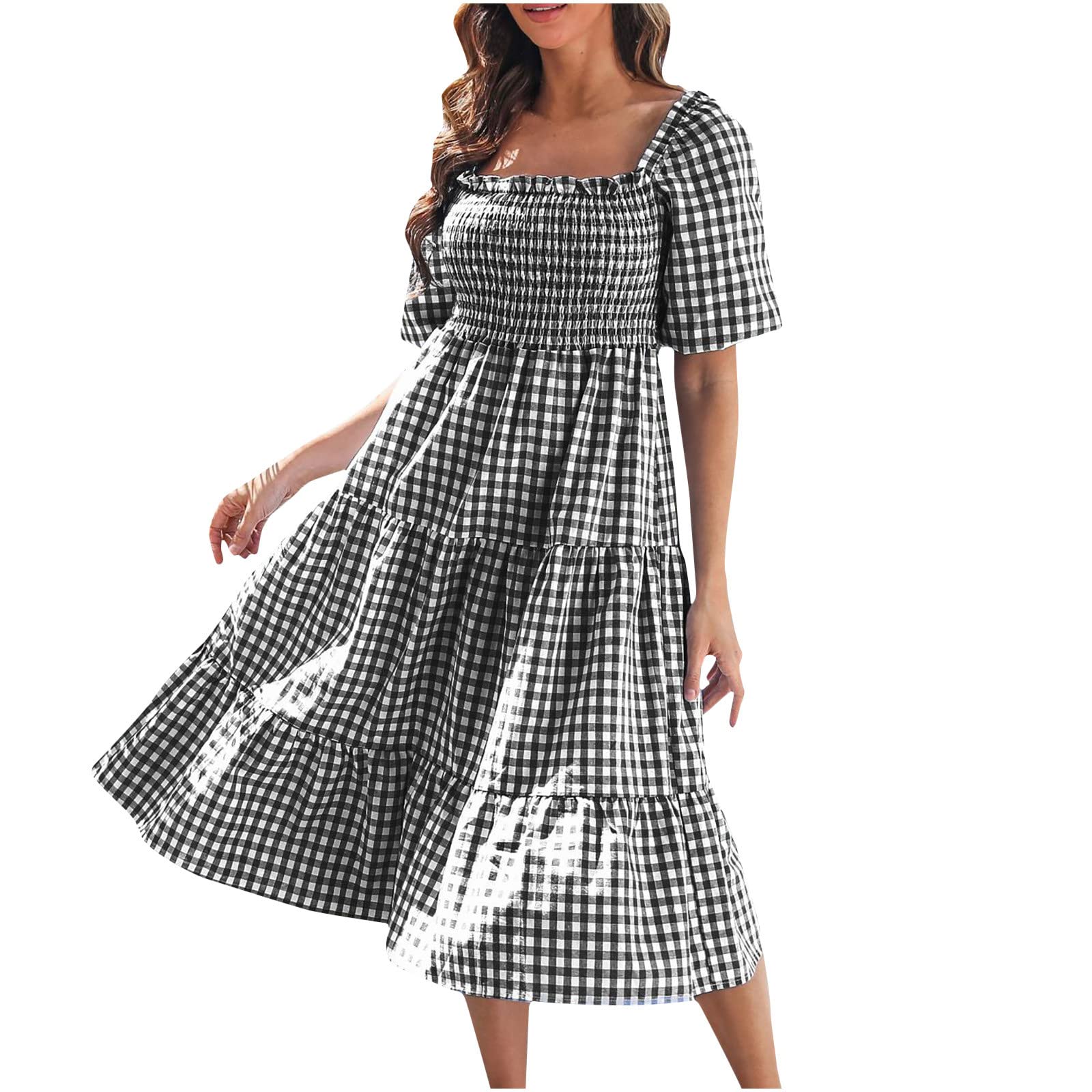 2023 Women's Summer Boho Puff Sleeve Off-Shoulder Beach Dress - Flowy Plaid Ruffle Midi & Maxi Dresses for Vacation, Party & Casual Wear