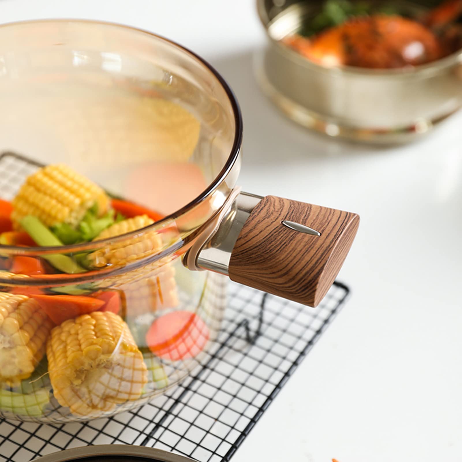 Premium Clear Amber Glass Cooking Pot - 3.5L Heat-Resistant Stockpot with Wood Handle for Soup, Stew, Noodles & Milk - Stovetop, Open Fire & Oven Safe - Perfect for Camping, Kitchen & Restaurant Use