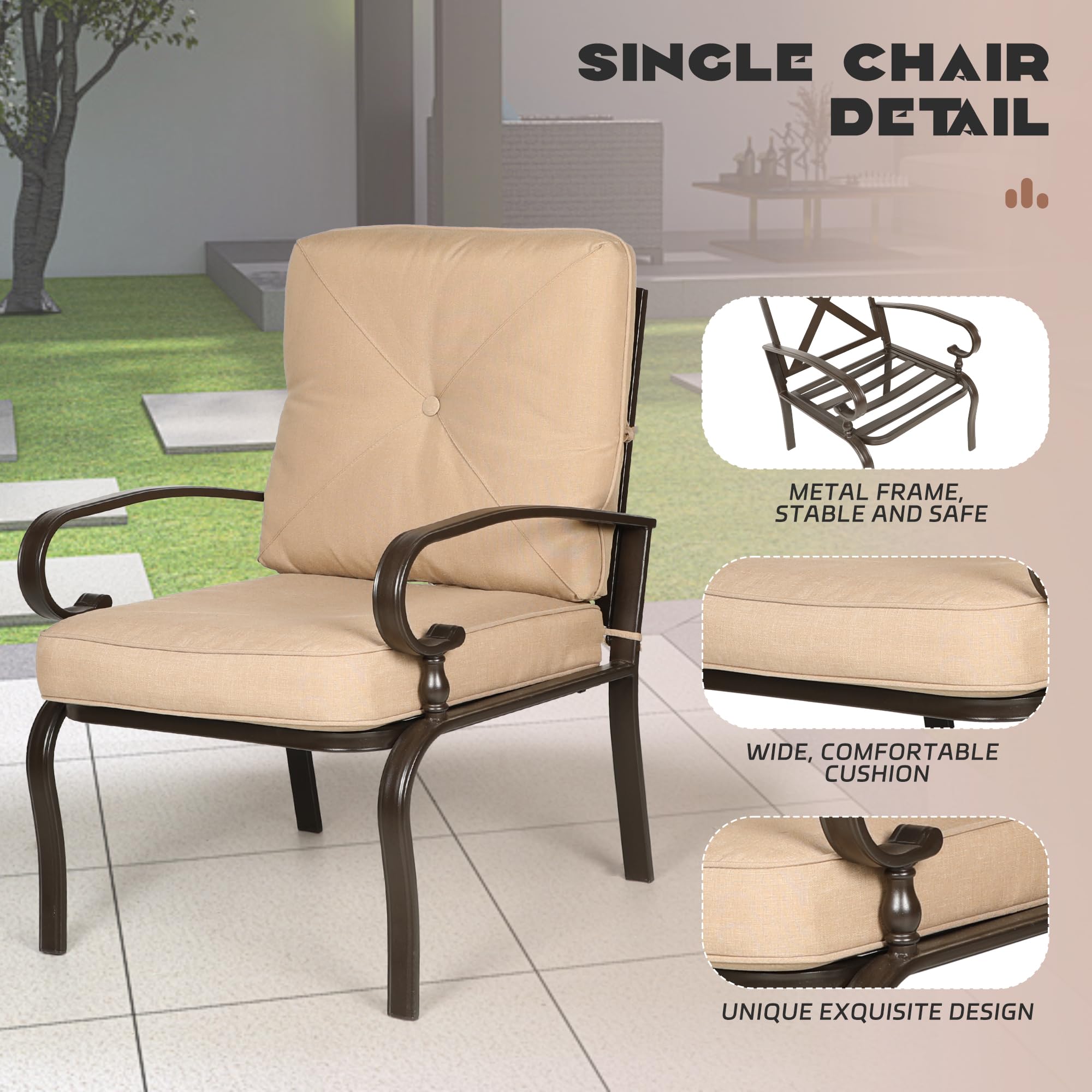 Incbruce 4-Piece Outdoor Metal Patio Furniture Set - Wrought Iron Loveseat, 2 Chairs & Coffee Table with Brown Cushions - Durable Steel Frame for Garden, Backyard, Poolside or Terrace Relaxation