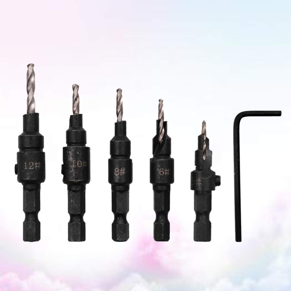 5-Piece Countersunk Head Drill Bit Set - Hex Shank Wood Hole Reamer & Countersink Drill Bits for Woodworking, DIY Projects, and Furniture Assembly