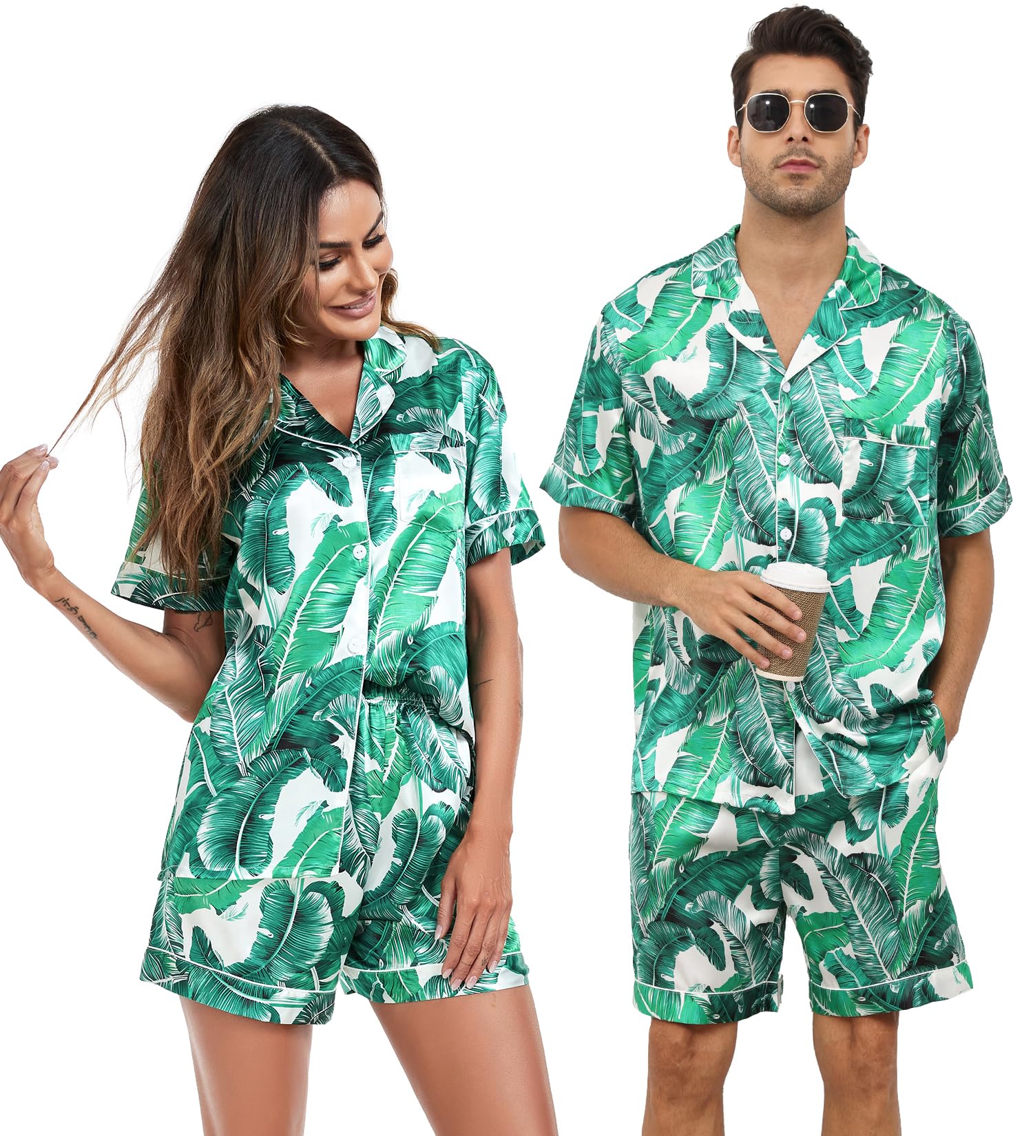 SWOMOG Couple Matching Pajamas Sets - Women & Men's Silk Button Down PJS Short Sleeve Soft Lounge Wear 2-Piece Set | Romantic Sleepwear, Anniversary Gifts, Valentine's Day Outfits