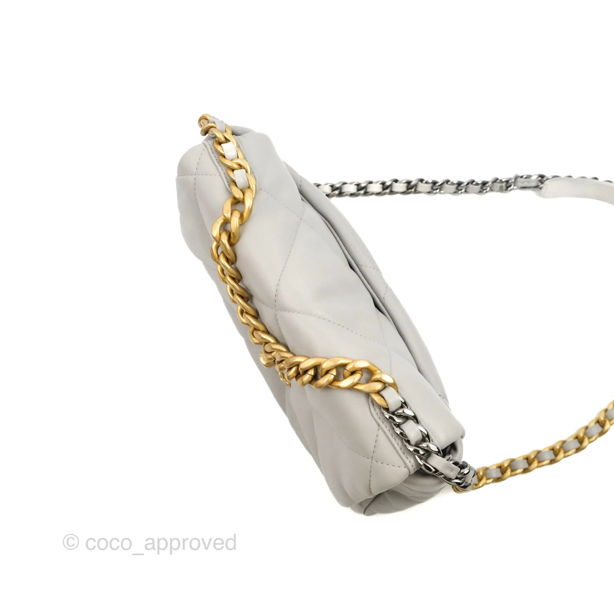 Chanel 19 Small Grey Lambskin Leather Bag with Mixed Gold & Silver Hardware - Perfect for Everyday Luxury & Evening Events