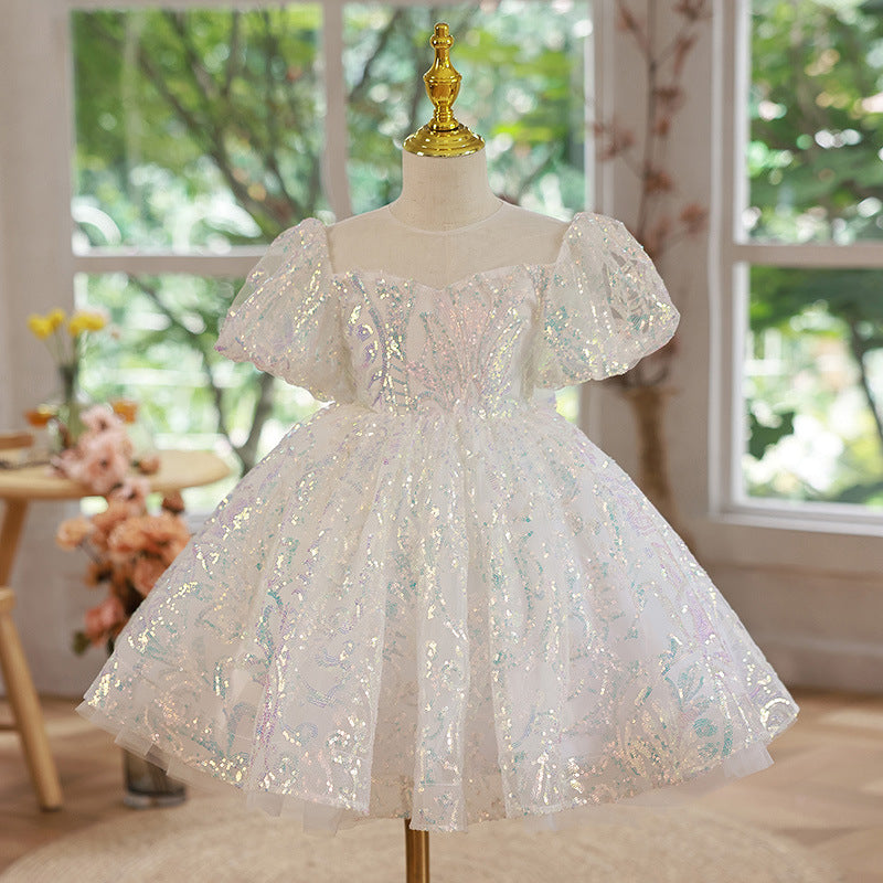 Sparkly White Sequin Flower Girl Dress with Round Neck & Puff Sleeves - Perfect for Weddings, Pageants & Special Occasions