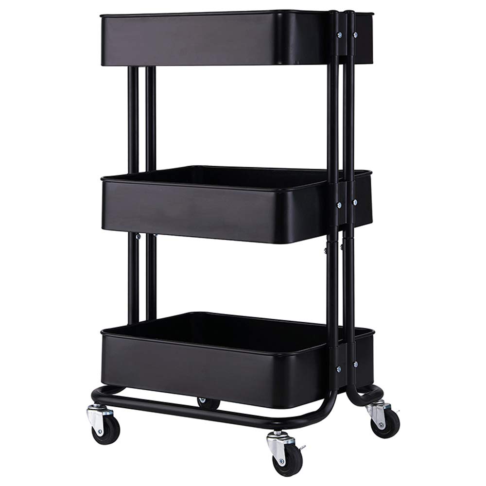 Fuara 3-Tier Rolling Utility Cart with Wheels & Handles - Multi-Purpose Storage Organizer for Kitchen, Coffee Bar, Microwave Station, Office, Bathroom - Perfect for Home Organization & Small Space Storage (Black)