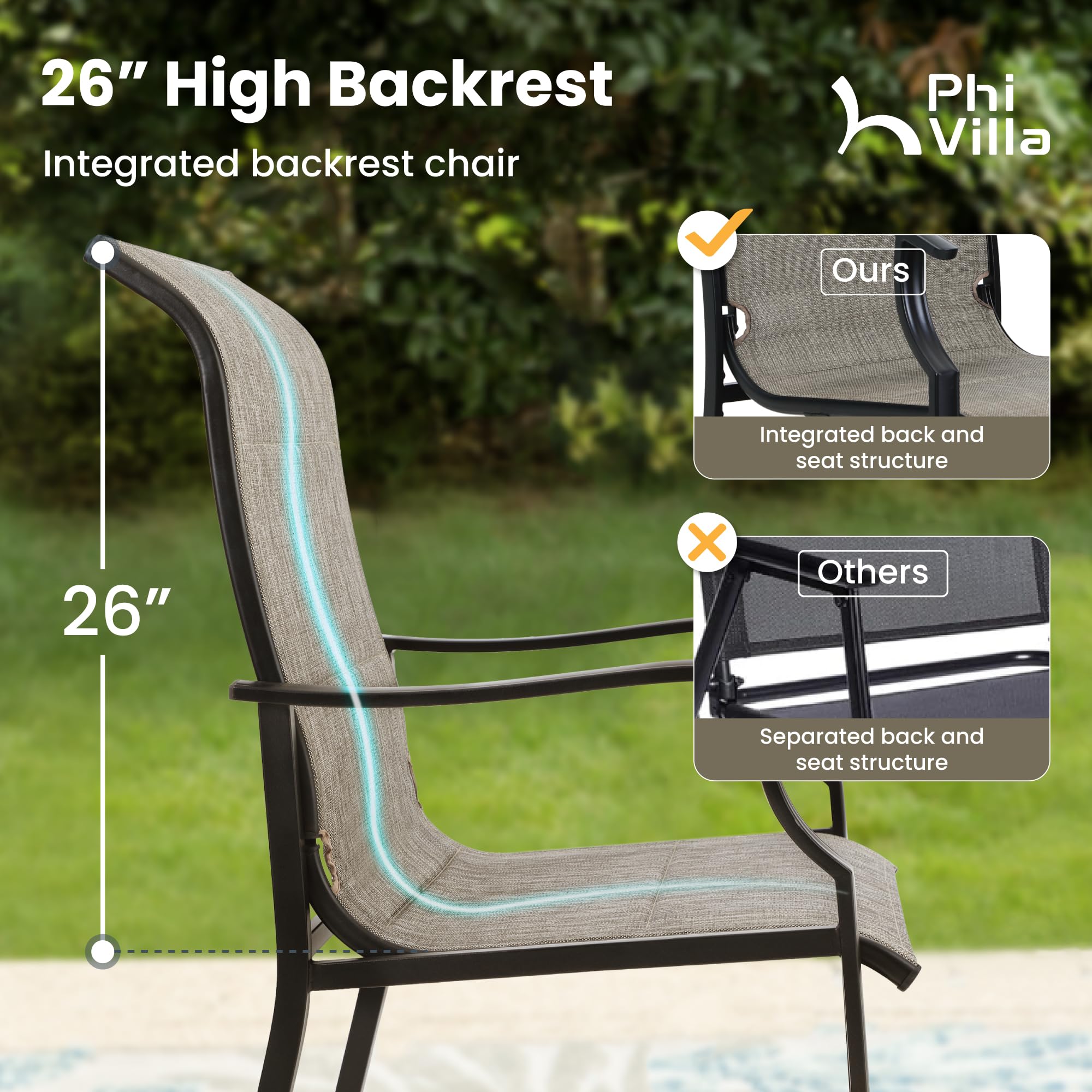 PHI VILLA 7-Piece Outdoor Dining Set - Metal Rectangular Patio Table with 6 Chairs (4 Standard & 2 Swivel) for Backyard, Garden, Deck, Porch - Weather-Resistant Outdoor Furniture for Entertaining & Relaxation
