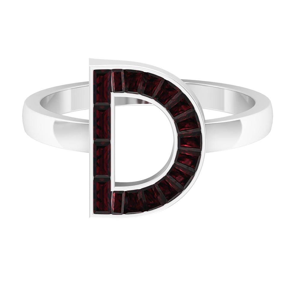 Garnet Initial Rings A-Z | 14K White Gold Alphabet Letter Rings | Baguette & Channel Set Gemstone Jewelry for Women | Perfect Gift for Birthday, Anniversary & Special Occasions