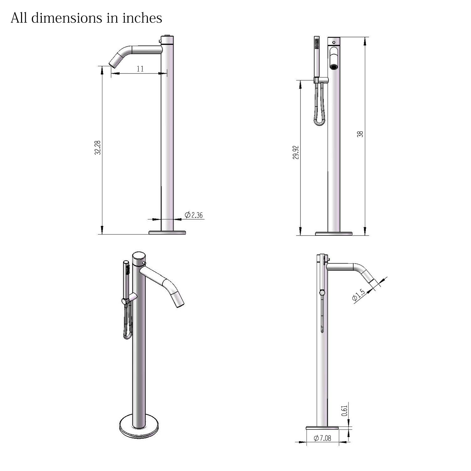 Heatgene Freestanding Bathtub Faucet - Single Handle Floor Mounted Tub Filler with Handheld Shower in Mirror Polish Finish | Perfect for Modern Bathroom & Spa Relaxation
