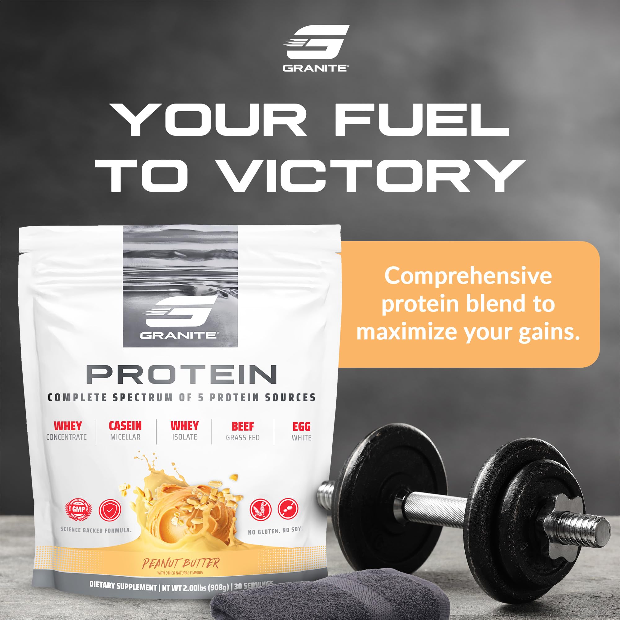 Granite Nutrition Protein Powder - Premium 5-Source Blend (Whey, Casein, Egg, Grass-Fed Beef) for Lean Muscle Growth & Recovery - Peanut Butter Flavor, 30 Servings - Ideal for Post-Workout, Weight Management & Healthy Lifestyle