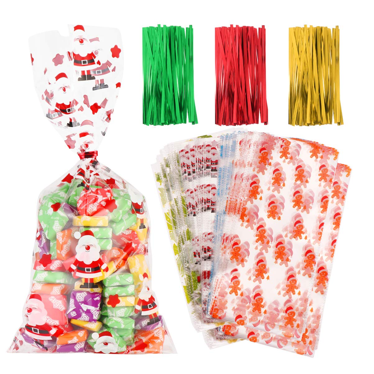200PCS Christmas Cellophane Gift Bags - Small Snack Bags for Candy, Treats & Goodies | Reusable Plastic Gift Pouches & Wraps for Holiday Parties, Birthday Favors & Wedding Celebrations