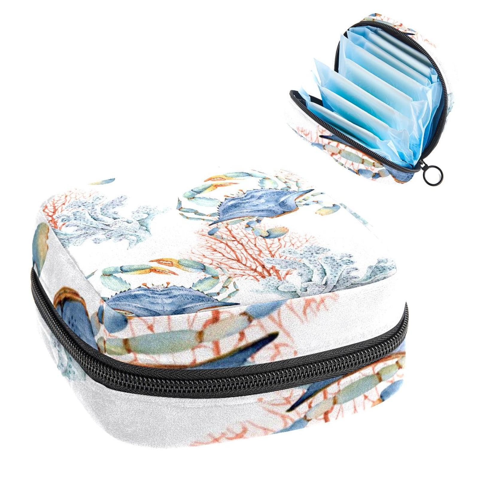 Watercolor Blue Crab & Coral Menstrual Cup Organizer Pouch - Reusable Sanitary Pad Holder for Women & Girls - Perfect for Travel, Gym, and On-the-Go Period Care