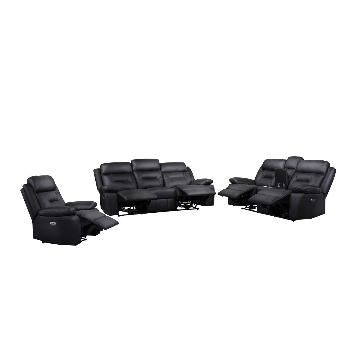 Black Power Reclining Sofa with USB Ports & Genuine Leather Upholstery - Modern Living Room Furniture for Home Theater & Relaxation