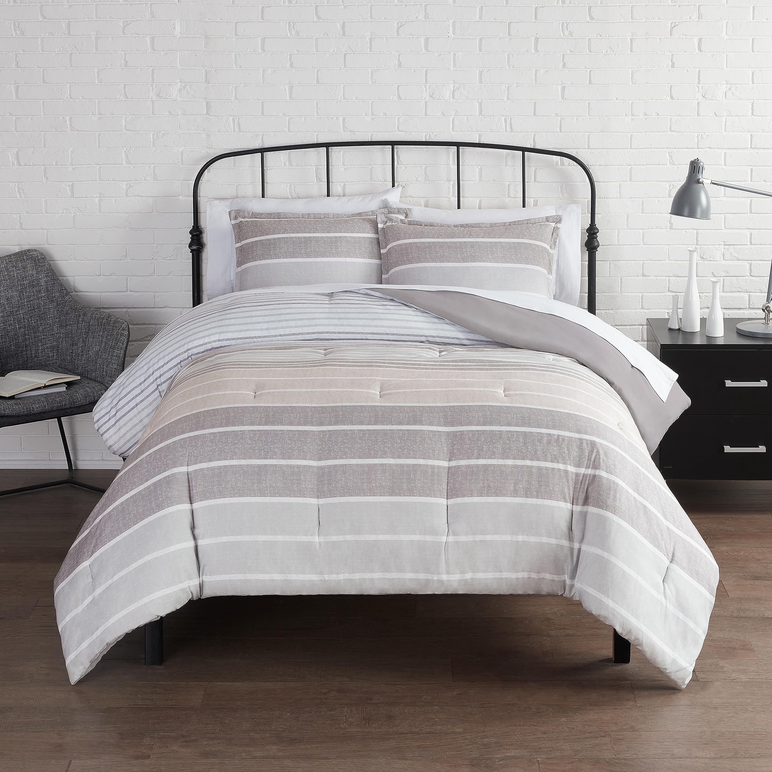 Serta Simply Clean Conrad Soft Modern Textured 3-Piece Striped Comforter Set with Pillowcases - All-Season Full/Queen Size Bedding in Natural - Perfect for Master Bedrooms, Guest Rooms & Cozy Home Decor