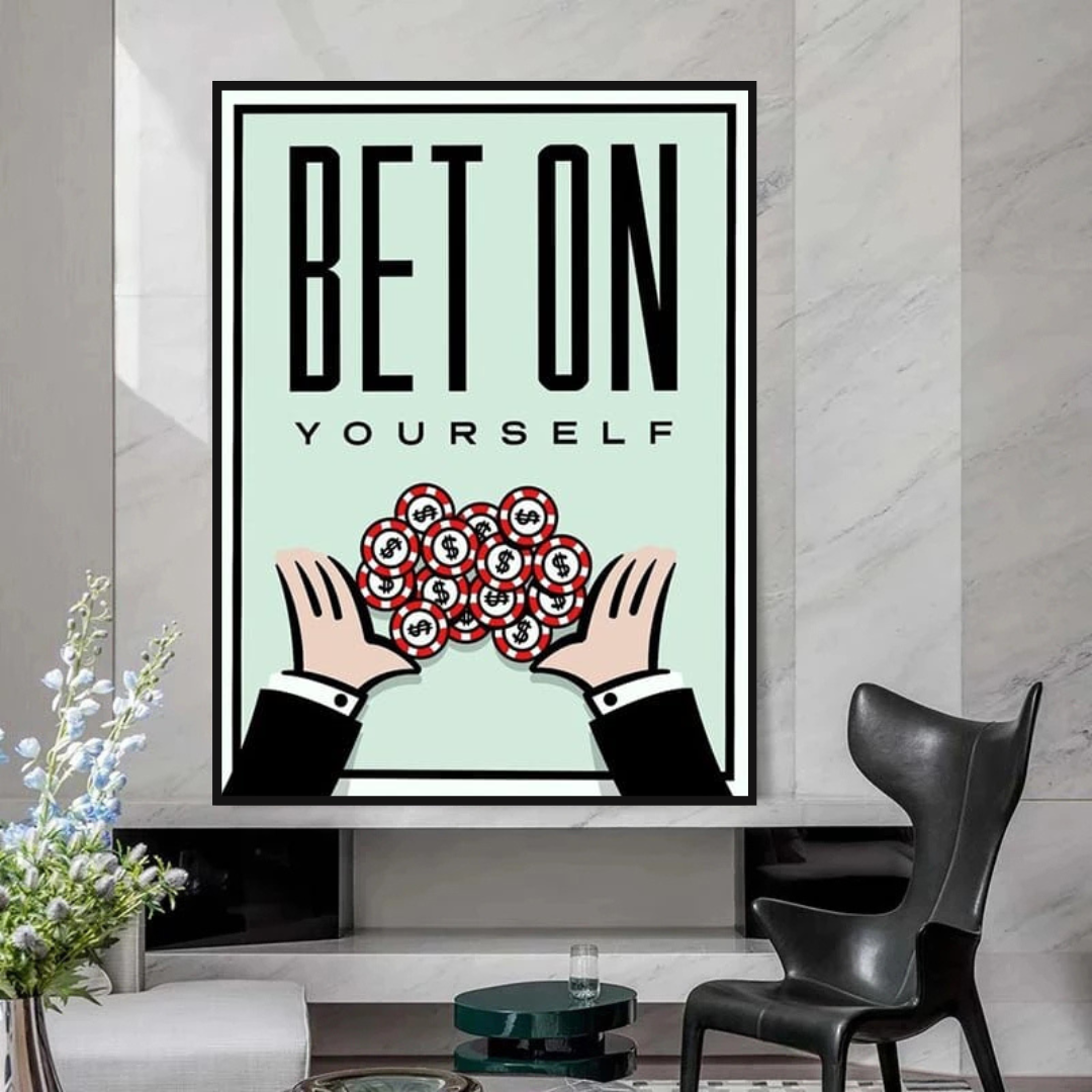 Monopoly Bet on Yourself Card Canvas Wall Art - Inspirational Home Decor for Living Room, Office & Game Room