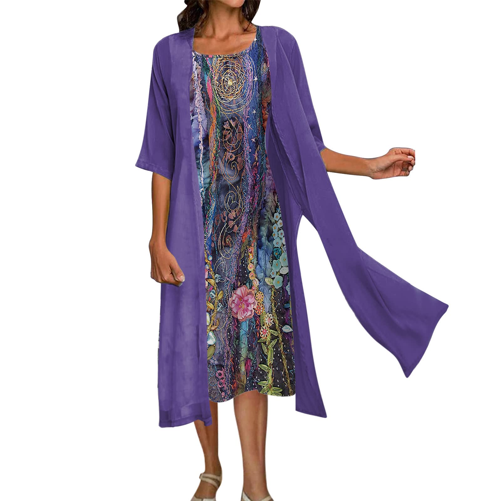 Women's Summer Floral Sleeveless Maxi Dress with Cardigan Set - Vacation Beach Outfit, Casual Two Piece Suit in Brown for Outdoor Activities & Date Nights