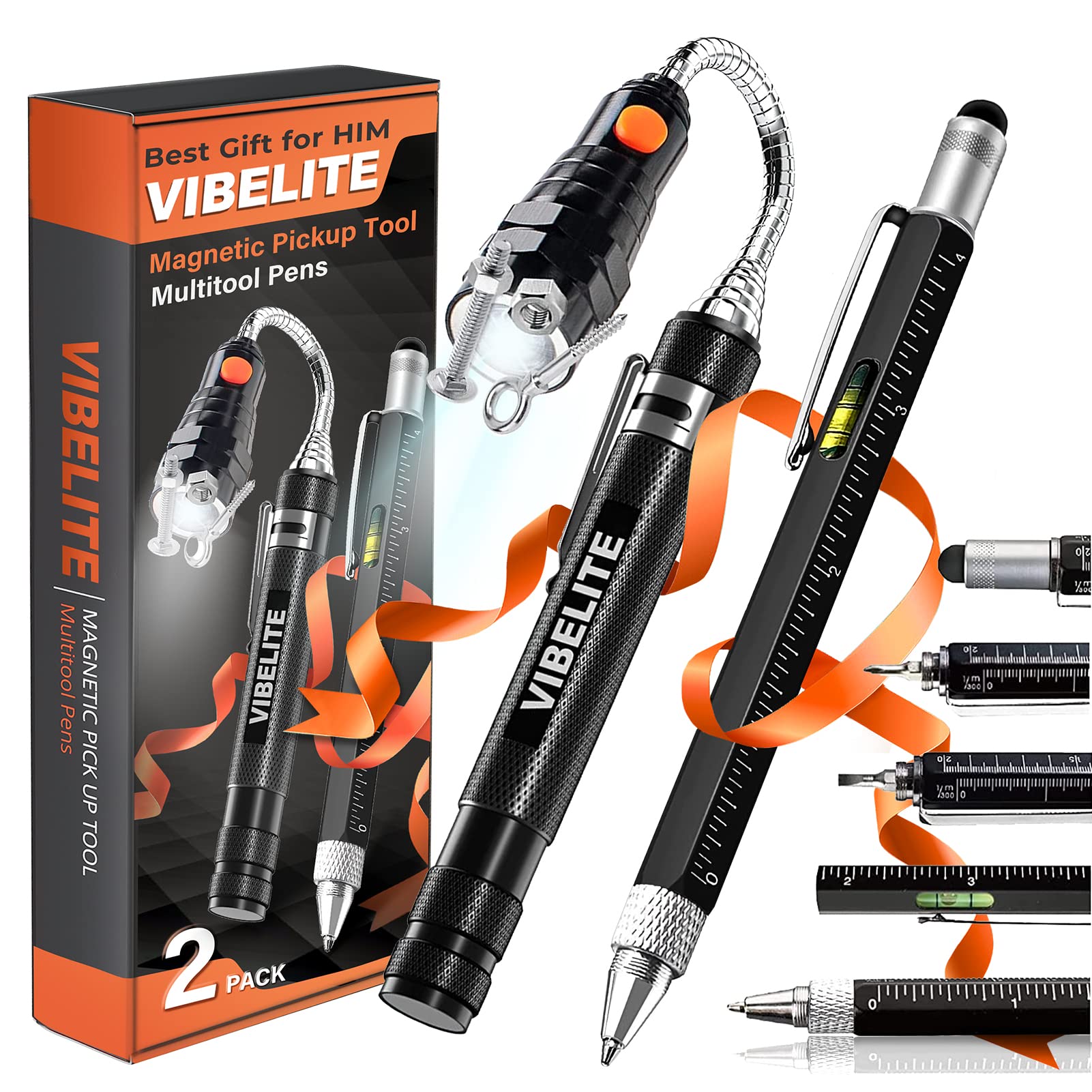 6-in-1 Magnetic Pickup Tool & Multitool Pen with Stylus - Includes Ruler, Bubble Level, Screwdrivers & Ballpoint Pen - Perfect Gift for Men, Husband, Boyfriend (2 Pack) - Great for DIY Projects, Office Work & Everyday Carry