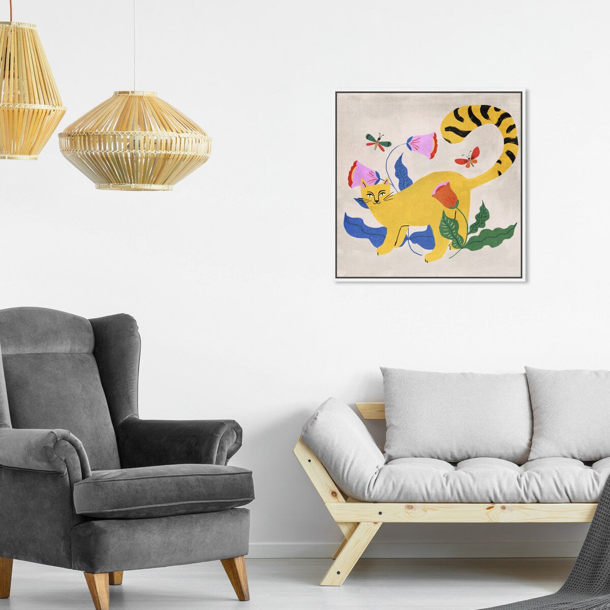 Blonde Tabby Floral Kitten Butterfly Garden Modern Yellow Framed Canvas Wall Art Print - Home Decor for Bedroom, Living Room & Nursery