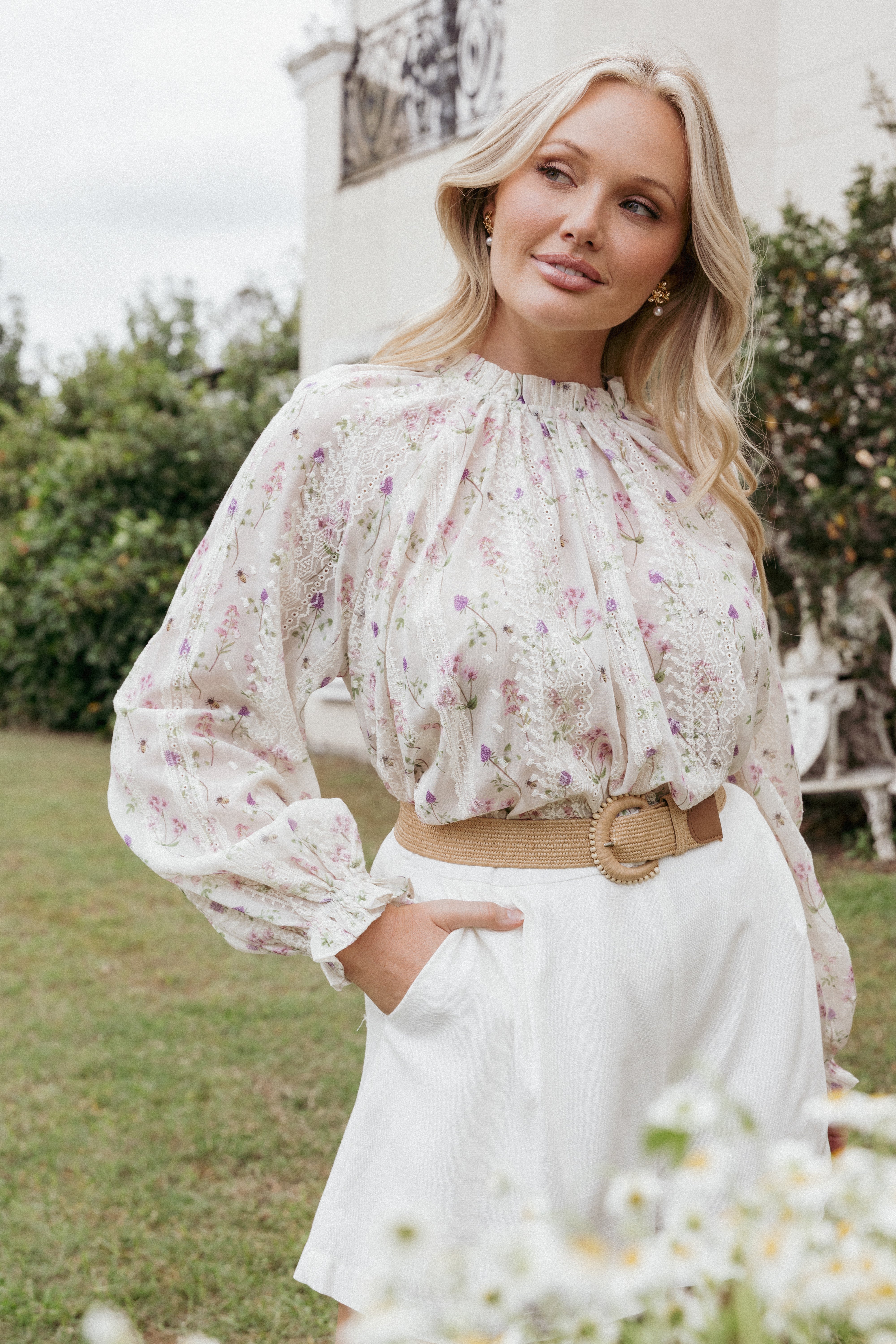 Annie Women's Long Sleeve Blouse - Floral Print Pink Tops for Work, Date Night & Casual Outfits