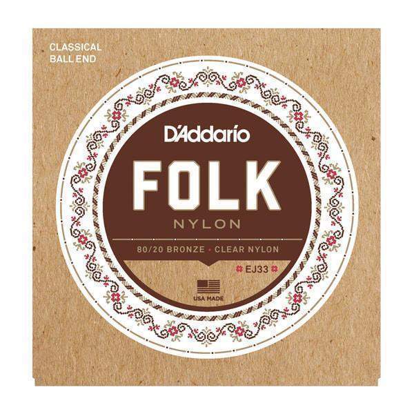 D'Addario EJ33 Folk Nylon Guitar Strings - Ball End 80/20 Bronze & Clear Nylon Trebles - Perfect for Classical & Flamenco Guitar Playing
