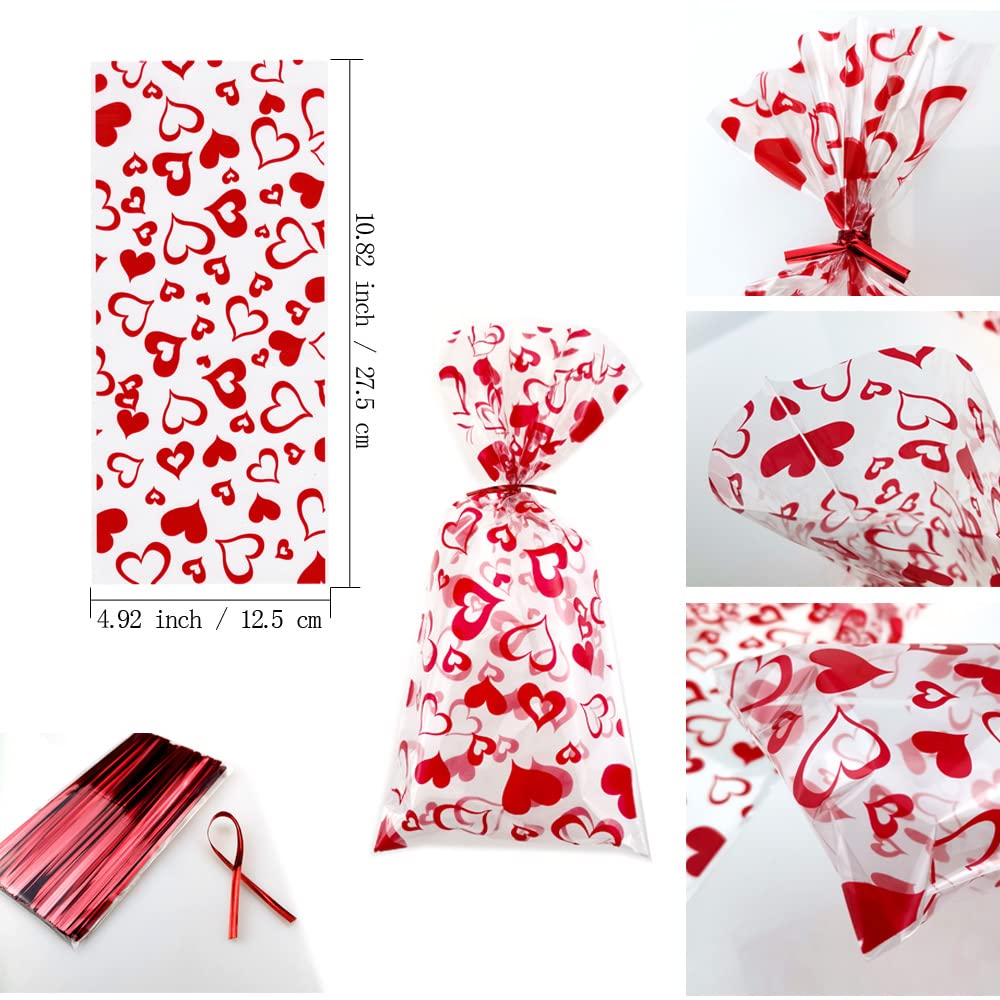 100 PCS Red Heart Cellophane Bags - Valentine's Day Party Favor Bags, Cookie & Candy Bags for Birthday, Wedding, Baby Shower Gift Packaging - Perfect for Party Decorations and Sweet Treats