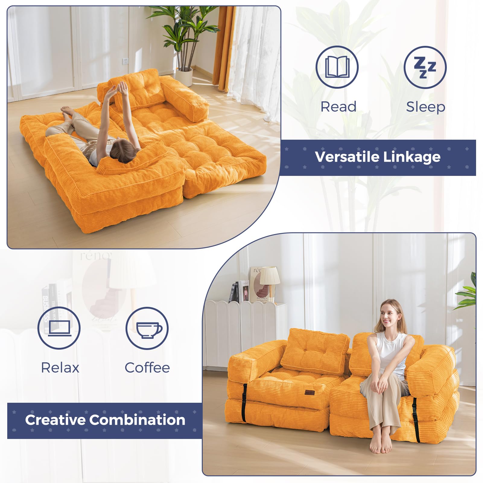MAXYOYO L-Shaped Convertible Sofa Bed - Foldable Sleeper Sofa with Armrests in Orange | Space-Saving Furniture for Small Apartments, Guest Rooms & Home Offices