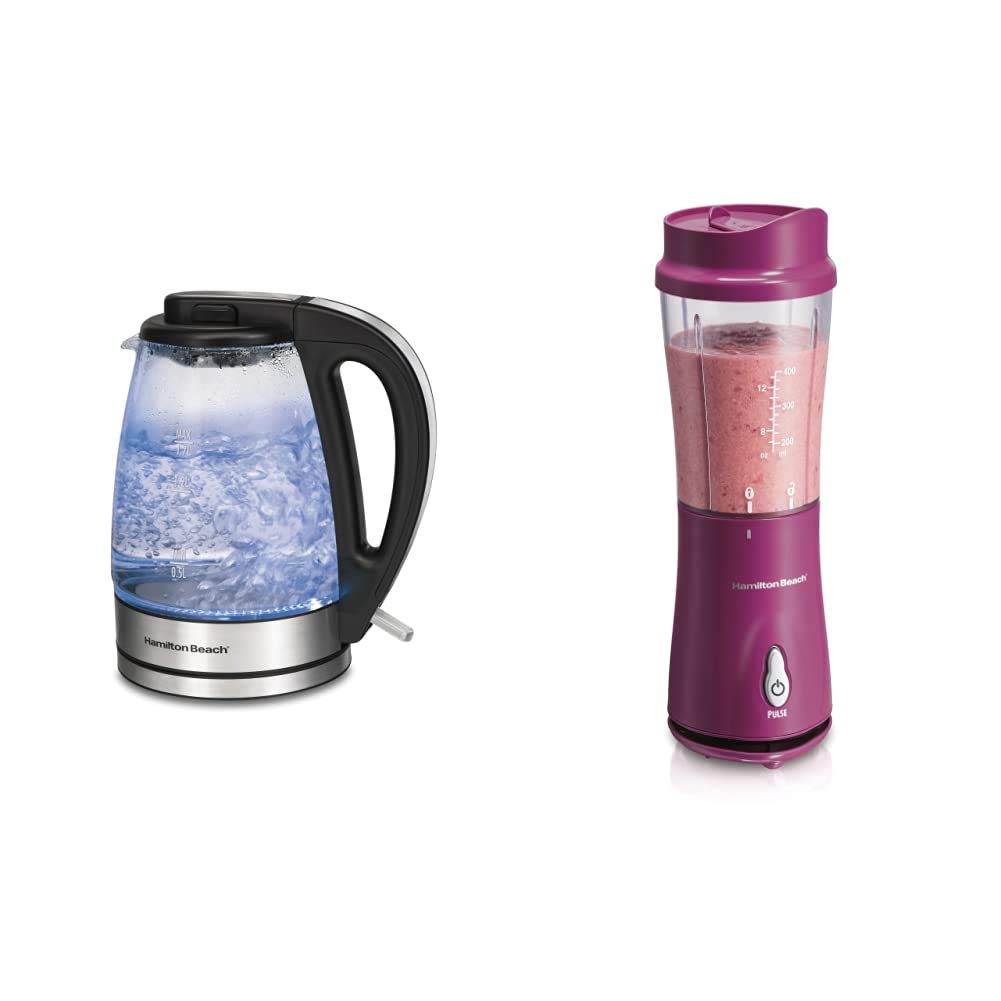 Hamilton Beach 1.7L Electric Tea Kettle & Water Boiler - Fast Heating Stainless Steel (40864) | Perfect for Tea, Coffee & Instant Meals | Hamilton Beach Portable Blender for Smoothies & Shakes - 14oz BPA-Free Travel Cup with Lid (51131) | Ideal for Gym, Office & On-the-Go Nutrition