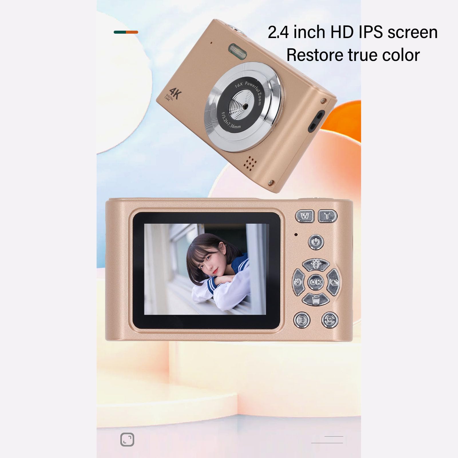 Annadue 48MP Digital Camera with 2.5K HD Video, 16x Zoom & Auto Focus - Compact Vlogging Camera with Built-in Music Player for Travel, Home Videos & YouTube Content Creation (Gold)