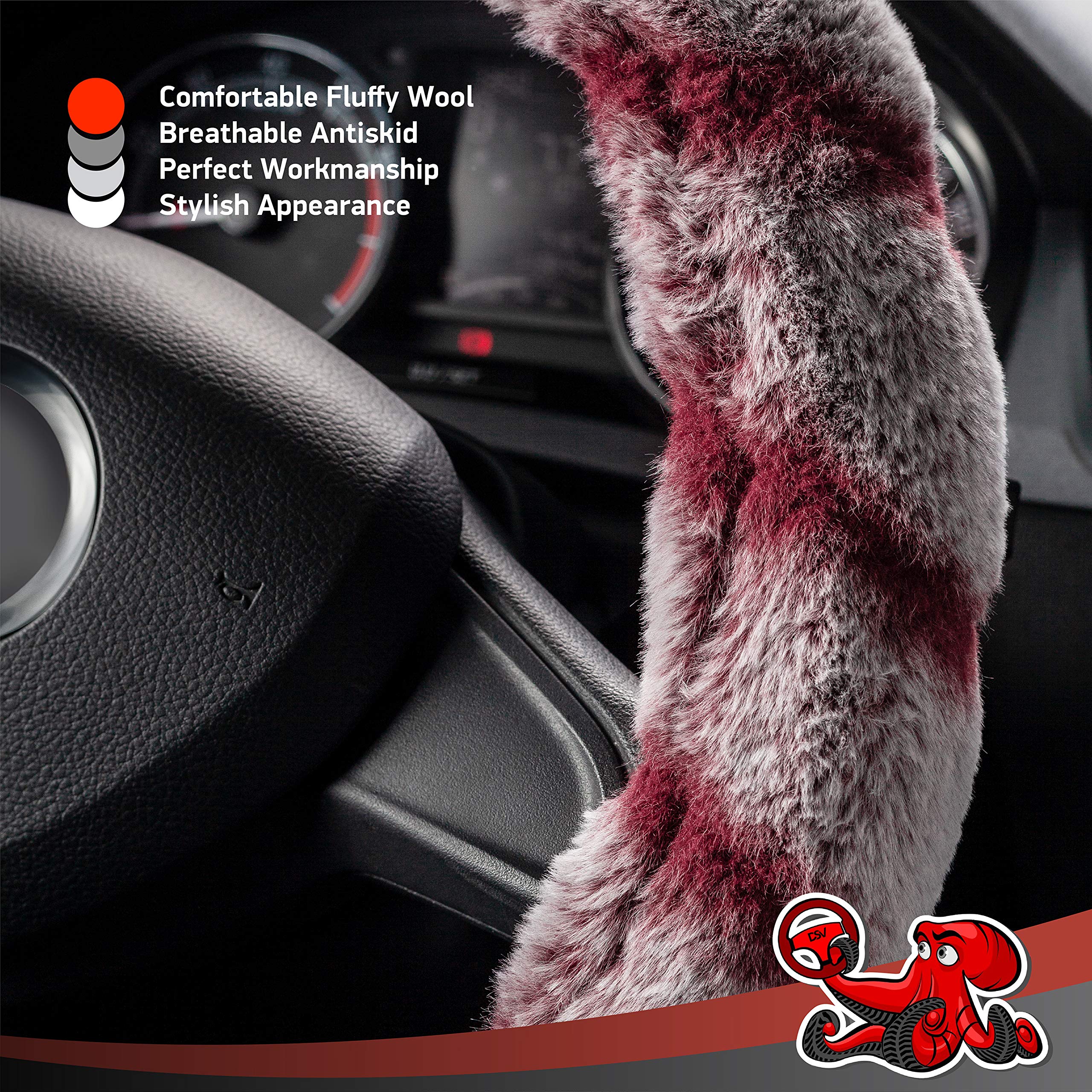 Premium DSV Universal Fluffy Faux Wool Steering Wheel Cover - Soft Plush Fur, Warm & Cozy Grip - 15