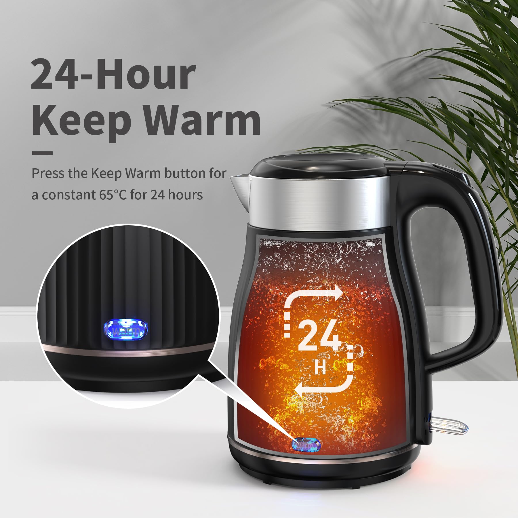 OMISOON 1.8L Electric Kettle Stainless Steel - 1500W Fast Boiling, Auto Shut Off & Boil Dry Protection, Keep Warm Function - Perfect for Home, Office, Dorm & Travel Use - Black