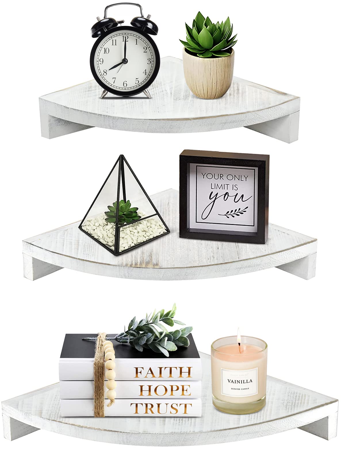 Rustic White Floating Corner Shelves Set of 3 - Farmhouse Wooden Wall Shelf for Kitchen Storage, Bedroom, Living Room, Bathroom & Office - Wall Mounted Hanging Decor for Small Space Organization