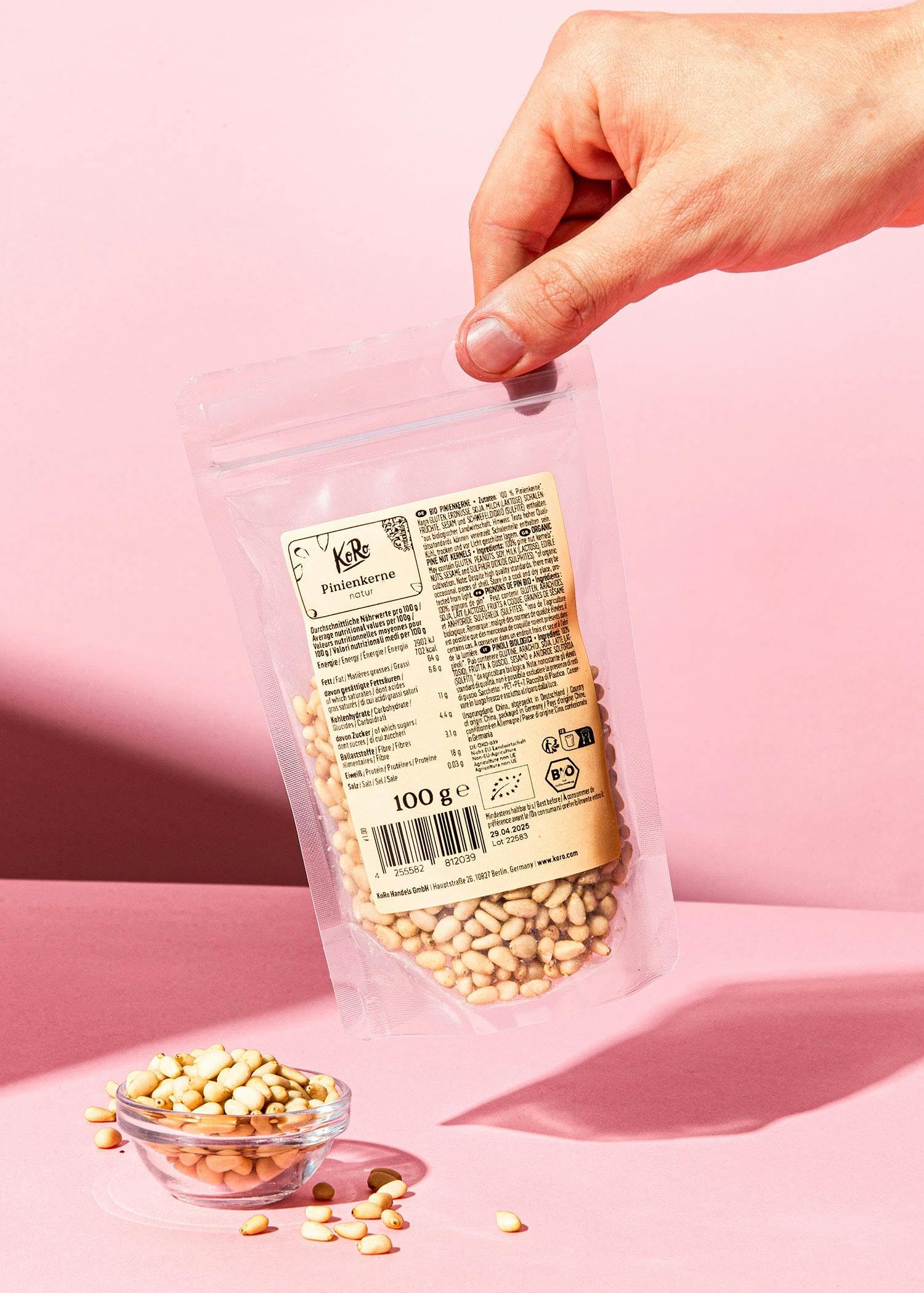 Organic Pine Nuts 100g by KoRo - Creamy Soft Raw Pine Kernels - No Preservatives, Non-GMO, Gluten-Free - Perfect for Pesto, Salads & Baking - USDA Certified Organic