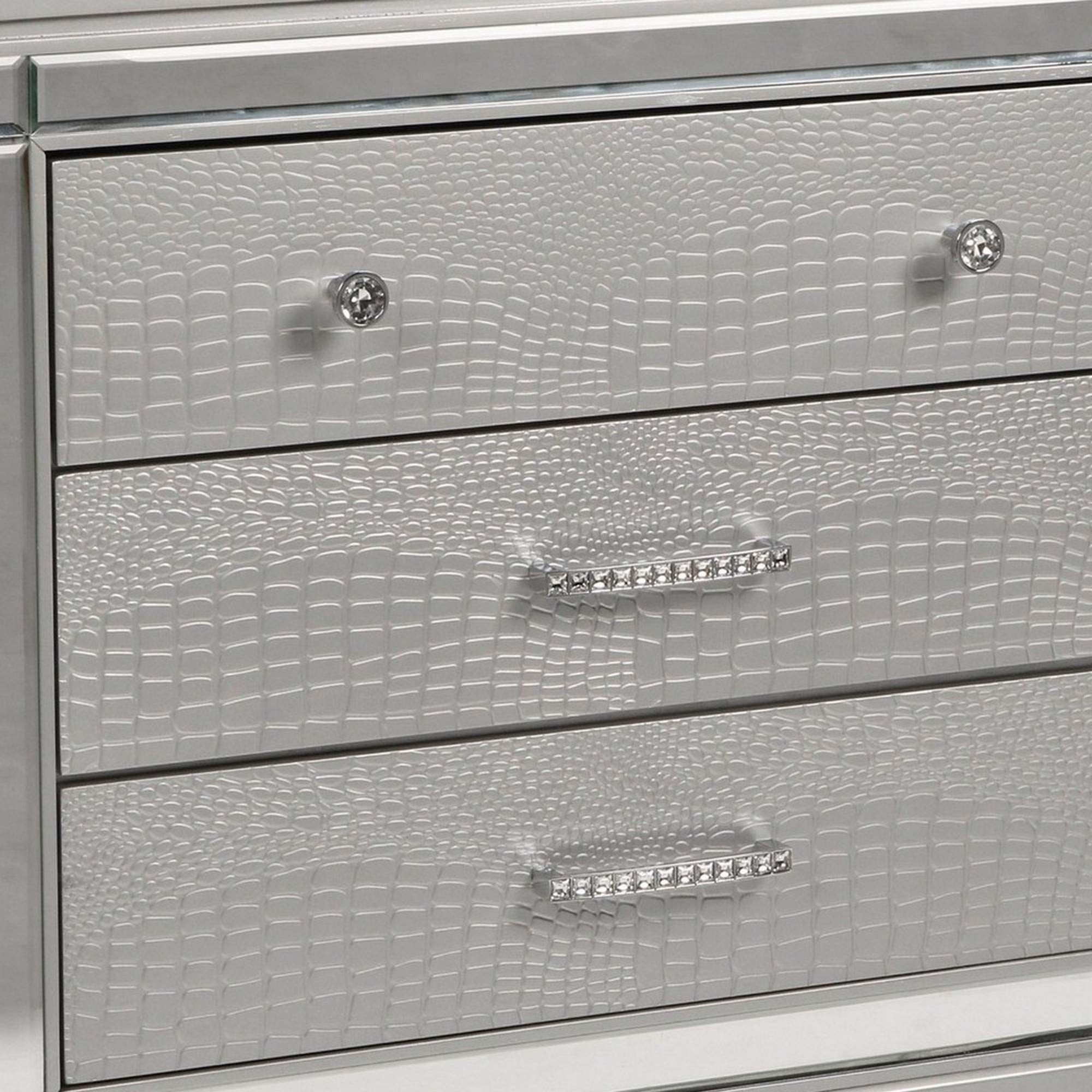 Benjara 3 Drawer Wooden Nightstand with Mirror Accents & Crystal Knobs - Silver Finish Bedside Table for Bedroom, Living Room, or Guest Room Decor