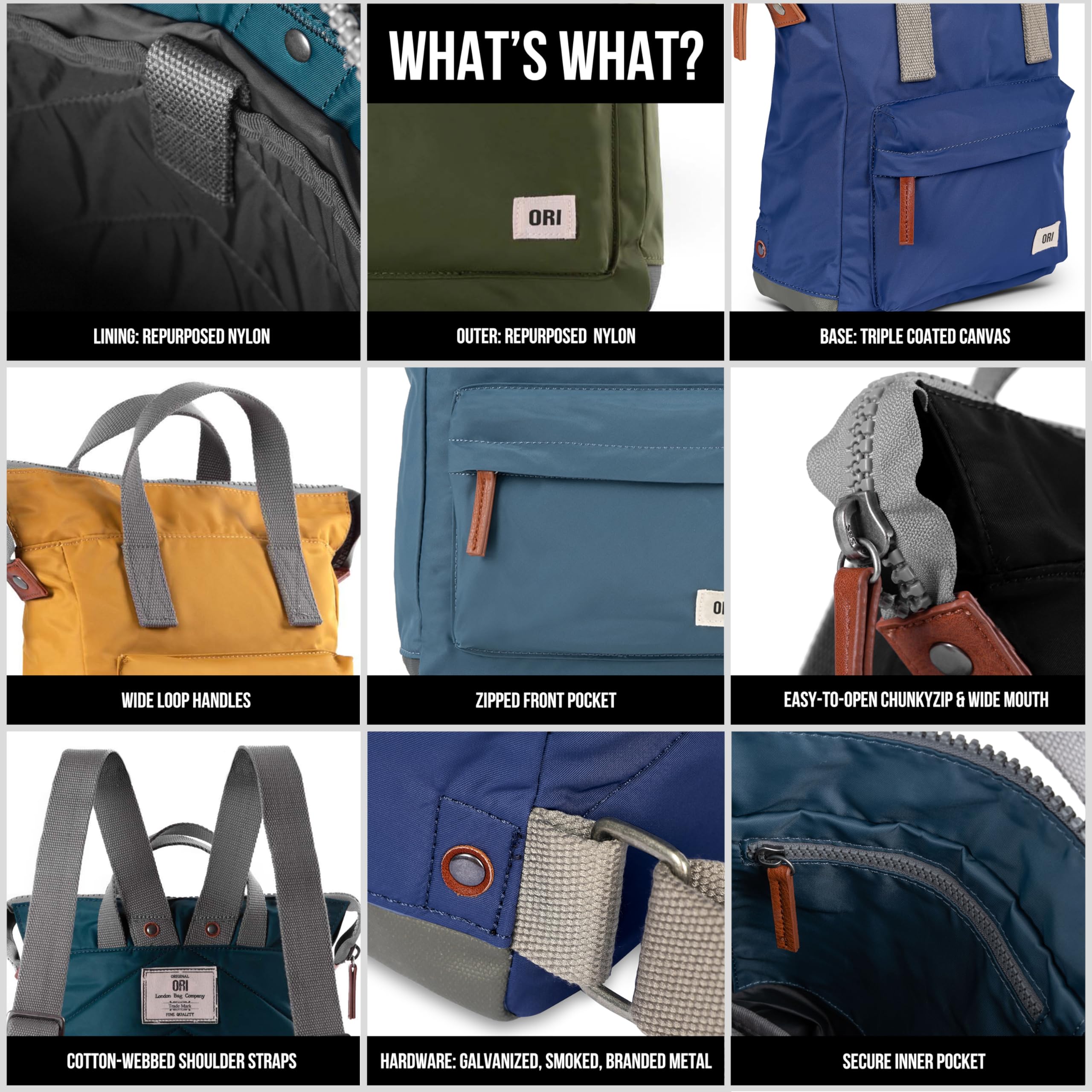 ORI LONDON Nylon Tote Backpack for Women & Men - Small Waterproof Tote Bag Backpack with Wide Mouth Opening, Chunky Zippers, Multiple Pockets & Adjustable Shoulder Straps - The Bantry, Airforce Blue Backpack, 12.6x9x4