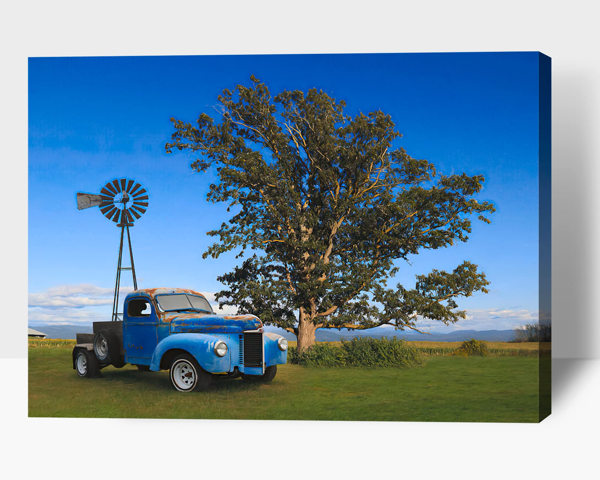 Vintage Farmhouse Canvas Wall Art - Rustic Blue Old Truck & Windmill Painting Print (28x40 Inch) for Living Room, Bedroom Decor | Country Style Home & Office Wall Decoration