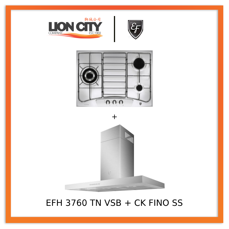 EF 90cm Stainless Steel Chimney Hood CK Fino + EFH3760 68cm 3-Burner Gas Cooktop - Perfect for Modern Kitchen Ventilation & Cooking